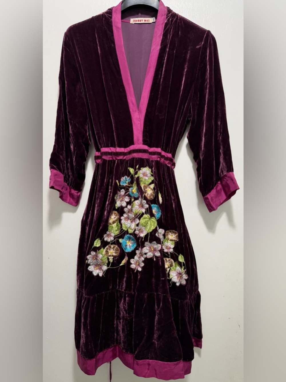 Vintage Johnny Was Velvet Bohemian Purple and Fuchsia Dress with Embroidery XS
